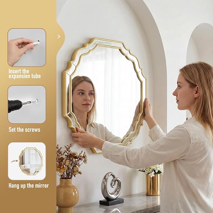 Round Mirrors for Wall Decor,Gold Scalloped Mirror 28 inch, Vintage Wall Mirror for Bedroom, Living Room,Entryway,Bathroom