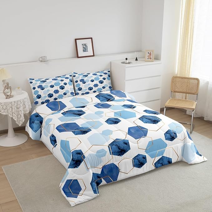 Erosebridal Geometric Hexagon Comforter Twin Navy Blue Bedding Set, Watercolor Honeycomb Down Comforter Abstract Tie Dye Bed Set, Luxury Gold Hexagon Quilted Duvet Microfiber