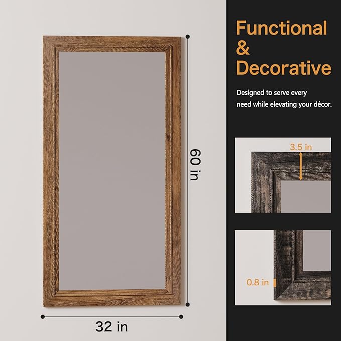Rustic Wall-Mounted Vanity Mirror, Solid Wood Frame Bathroom Mirror, Farmhouse Style for Living Room, Bedroom, Entryway, Horizontal/Vertical Hanging