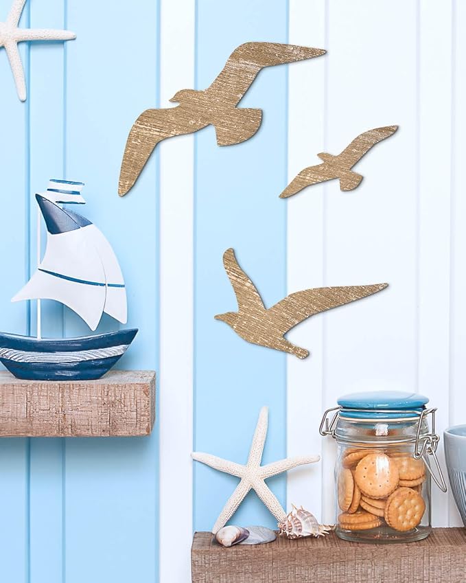 Putuo Decor 3 Pcs Wooden Seagull Wall Decor Beach Nautical Coastal Wall Sculpture Self-adhesive Lake House Ocean Decor Vintage Ornaments for Home Bathroom