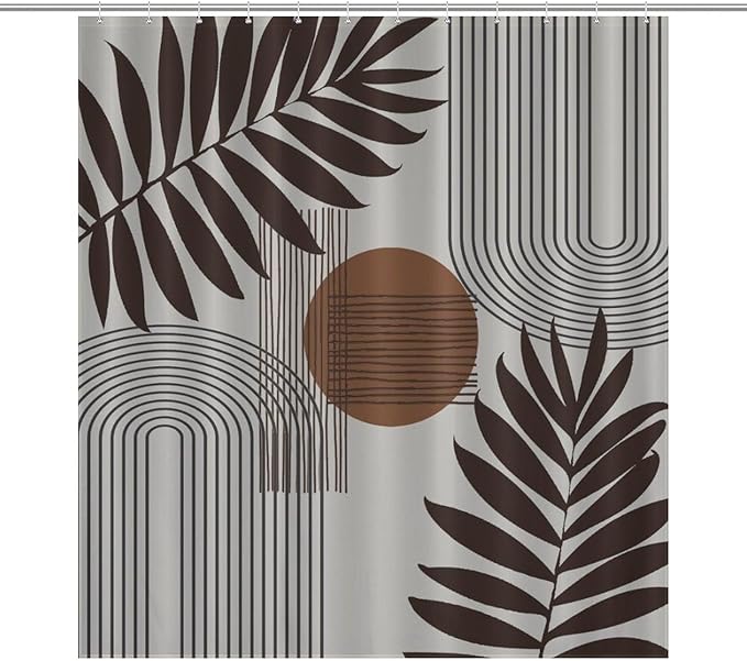 Mid Century Abstract Boho Shower Curtain Geometric Neutral Beige Modern Leaf Plant Semicircle Art Waterproof Shower Curtains for Bathroom Decor 12 Pack Hooks 66x72in（168x183cm）
