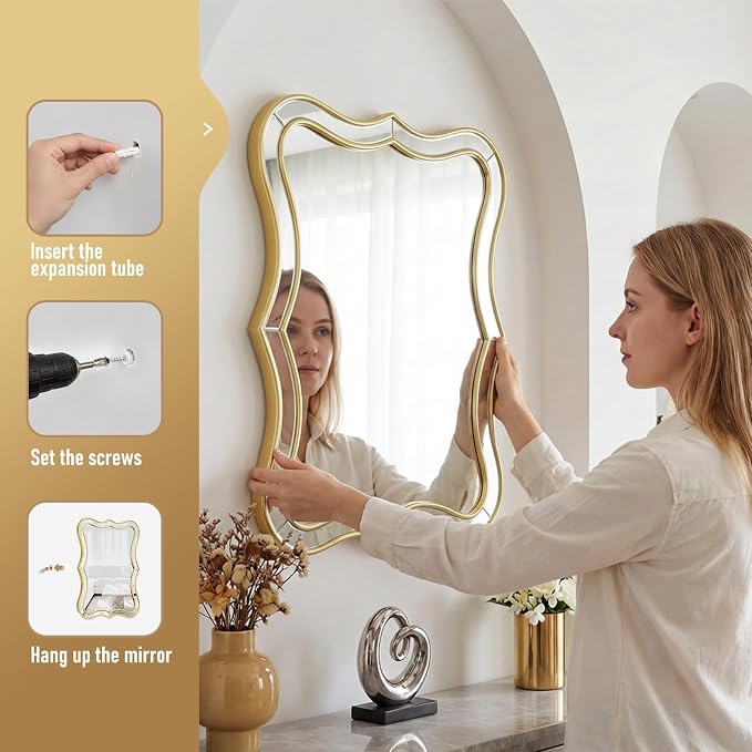 Gold Scalloped Wall Mirror, 24”x32“ Rectangle Wavy Mirrors, Wall Decor Mirror for Living Room,Bedroom,Bathroom,Entryway