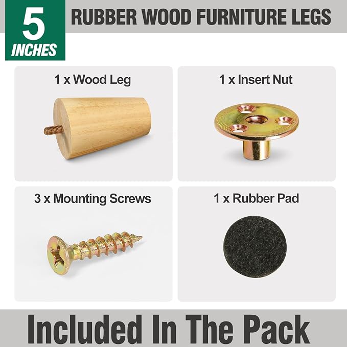 FoDau770 Rubber Wood Furniture Legs 5 Inches, 5/16" UNC Straight Tapered Wood Feet Mid Century Sofa Legs, Wooden Furniture Feet Replacement Parts for Cabinet Couch Dresser Chair Ottoman Table
