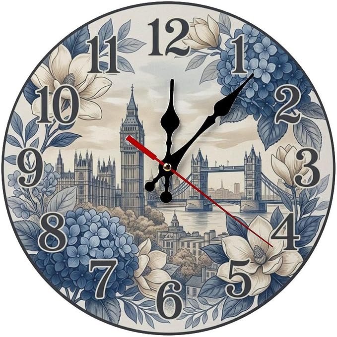 London Cityscape Floral Wooden Wall Clock Silent Non Ticking | European Decor for Living Room, Bedroom, Kitchen, Office, Gift