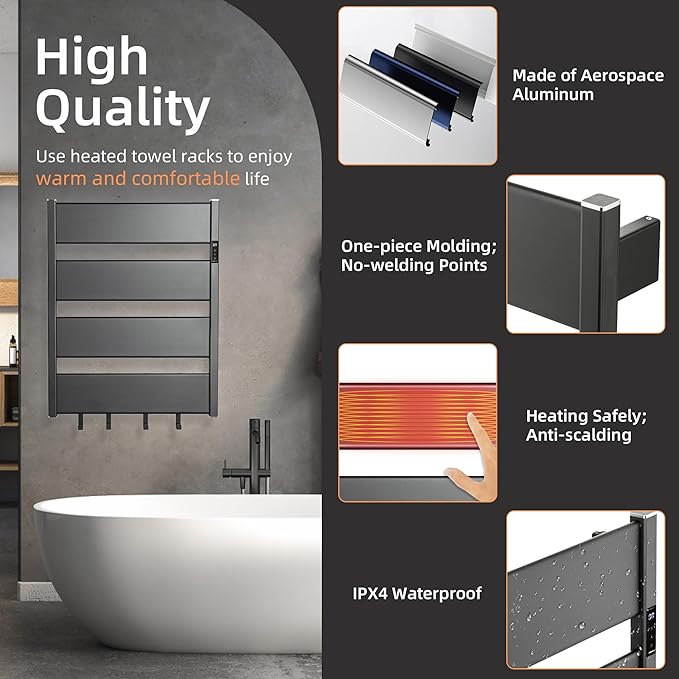 K&KALONZO Smart Electric Towel Warmer with 3-Level Timer & Temp Control, 2H Rapid Dry Aerospace Aluminum Heated Towel Rack, Hardwired/Plug-in Wall Mounted Towel Heater with 4 Hooks, Black, H4-B