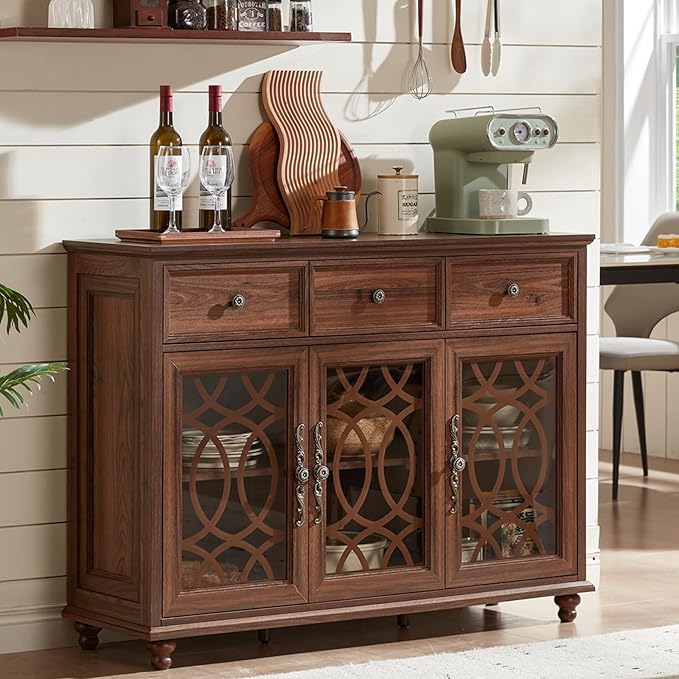 Farmhouse Sideboard Buffet Cabinet with Storage,48" Large Credenza with 3 Glass Doors & 3 Drawers,Adjustable Shelves Console Table,Wood Kitchen Coffee Bar for Dining Room,Living Room,Brown