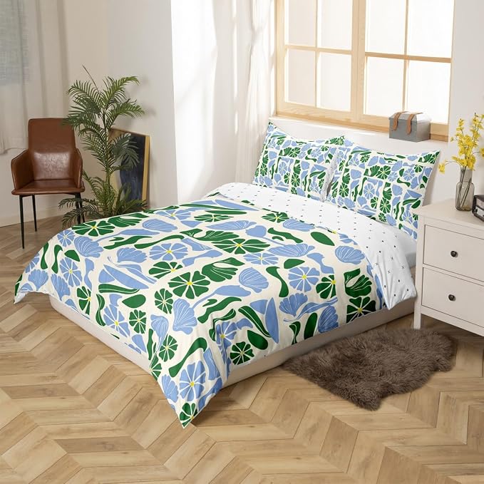 Erosebridal Mid Century Modern Comforter Cover Queen Abstract Geometric Boho Floral Bedding Set Cute Blue and Green Plants Patchwork Duvet Cover for Kids Adults,Vintage Aesthetic Geometric Bed Set