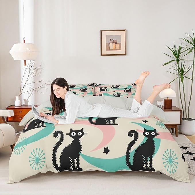 Erosebridal Mid Century Cat Bedding Set Queen Cute Cartoon Cat Duvet Cover Boho Abstract Geometric Comforter Cover for Kids Girls Boys Adults Retro Groovy Animal Bed Set
