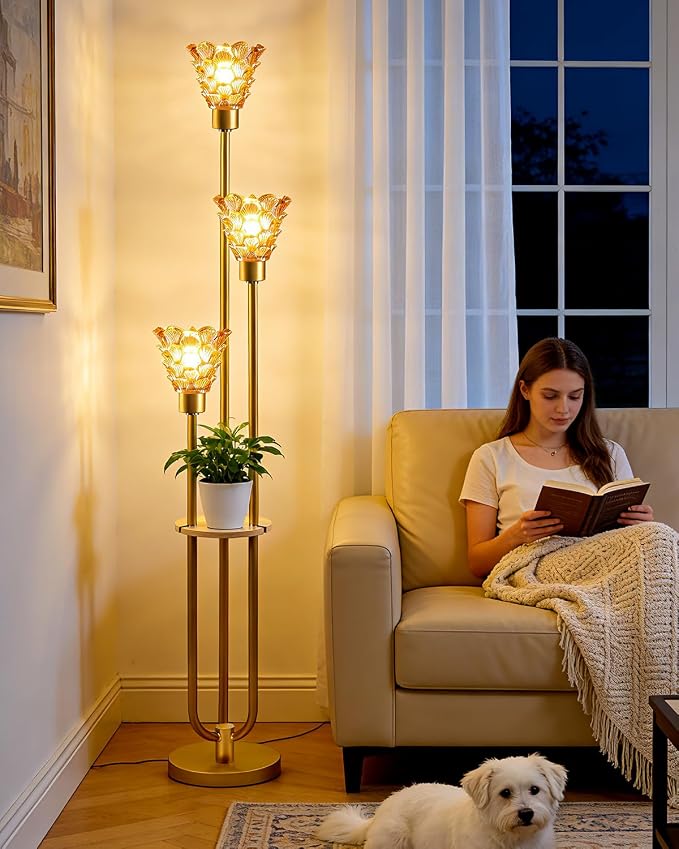 Lightdot Amber Glass Floor Lamp with Shelf, 63IN Mid Century Modern Gold Floor Lamps with 3 3000K Soft Warm White Bulbs Included, Standing Tall Lamp with 5Lbs Heavy Base for Living Room/Wedding/Office
