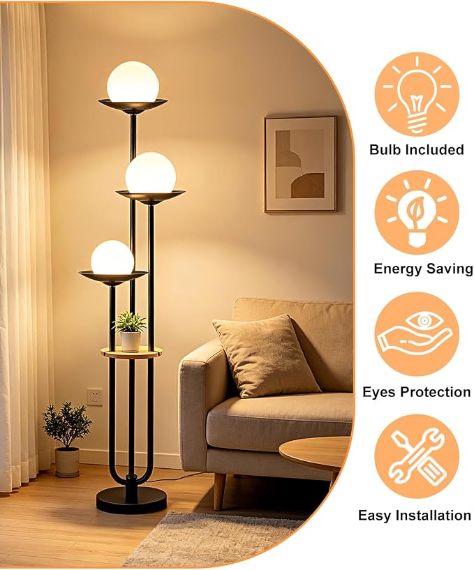 Lightdot 3-Globe Dimmable Floor Lamp with Table Modern Floor Lamps with 5Lbs Heavy Base for Wedding/Party 3000K Warm White Bulbs Included Black Standing Lamp for Living Room/Bedroom/Sofa Beside/Corner