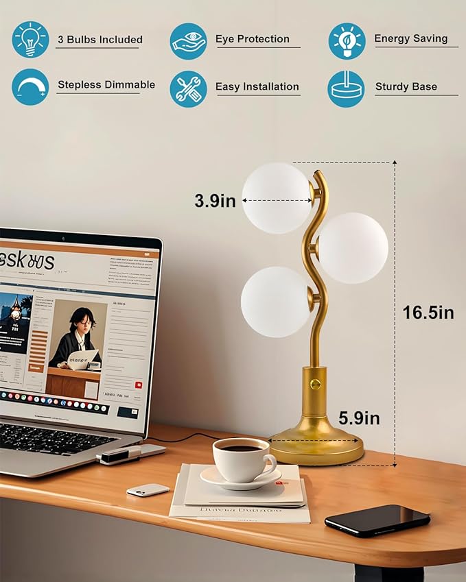 Lightdot 3-Globe Table Lamp Dimmable Mid Century Modern Gold Desk Lamp 3000K Warmwhite Bedside Table Lamp for Bedroom Living Room Study Room(G9 Bulbs Included)