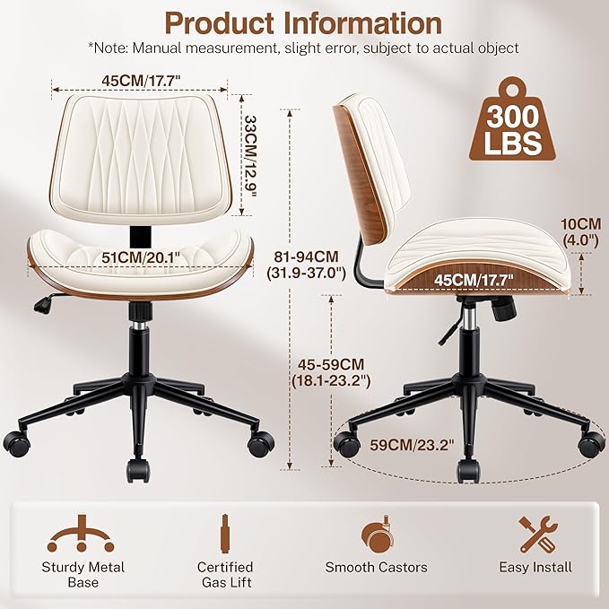 Ergonomic Armless Office Desk Chair - Mid-Century Modern White Faux Leather with Diamond Stitch, Adjustable Height Swivel Rolling Task Computer Chair with Walnut Accent for Home Office, Study & Work