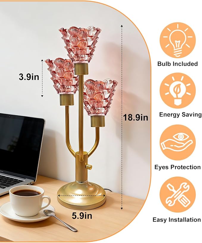 Lightdot Mid Century Modern Table Lamp for Living Room Dimmable Nightstand Lamp Red Glass Vintage Gold Desk Lamp 3 Bulbs Included Warmwhite Ambient Bedside Lamps for Bedroom Home Office Decor Gift