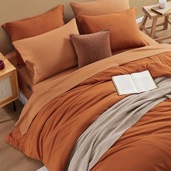 WRENSONGE King Size Comforter Sets- 7 Pieces Soft Burnt Orange Bed in a Bag King with Fitted Sheet, Flat Sheet 2 Pillow Shams, and 2 Pillowcases- Warm Bedding Set for All Season