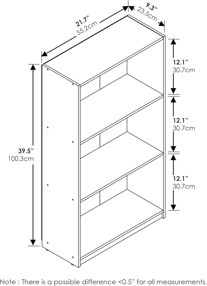 Furinno BASIC Book Shelf, 3-Tier Modern Bookshelf, Bookcase with Open Shelves, 9.3" x 21.8" x 39.5", for Living Room, Bedroom, Home Office, Dark Walnut
