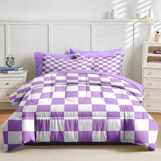 Nesker Comforter Set King Size, Purple Plaid Gingham 7 Pcs Bedding for Kids and Adults, Checkerboard Grid Bed Sheet Sets with Fitted Sheet 2 Pillowcases & 2 Shams