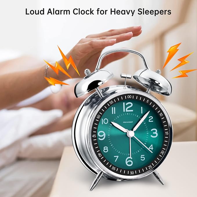 Peakeep Loud Alarm Clock for Heavy Sleepers Adults, Metal 4.5" Twin Bell Battery Operated Alarm Clocks for Bedrooms Decoration (Peacock Green)
