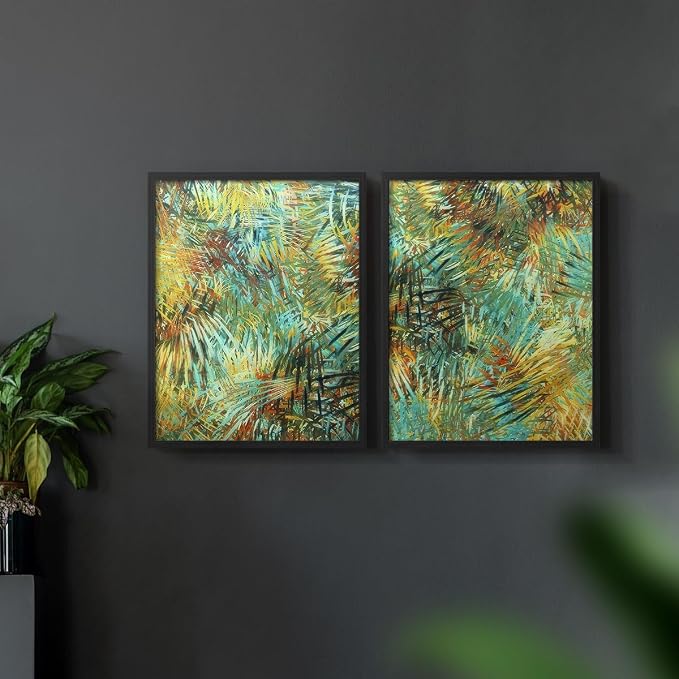 Renditions Gallery Set of 2 Peel & Stick Framed Prints, Nature Abstract Wall Art, Green Leafy Design Wall Decor, Re-Stickable - Ready to Hang - 16"x20" - Black Frame LT588