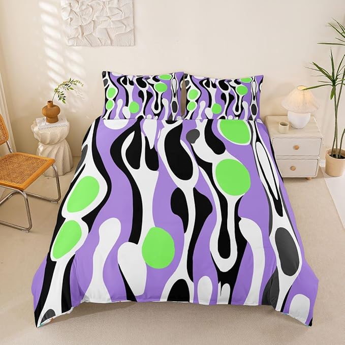 Erosebridal Organic Abstract Duvet Cover Set Modern Contemporary King Bedding Set for Adult Men Boho Mid Century Wavy Lines Comforter Cover Retro Geometric Bed Sets,Purple Green