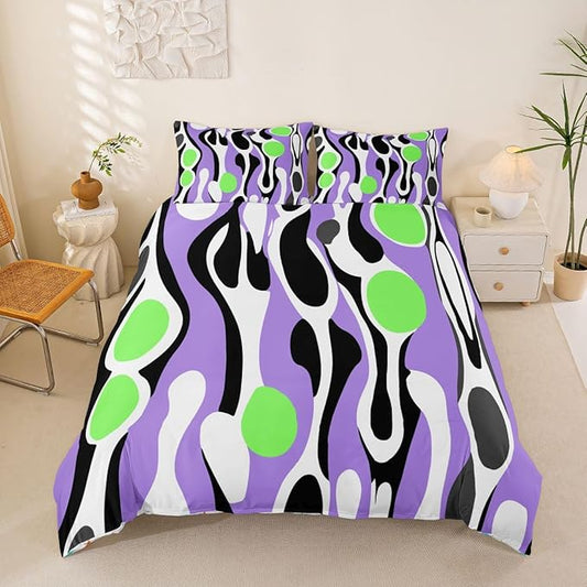 Erosebridal Organic Abstract Duvet Cover Set Modern Contemporary Queen Bedding Set for Kids Boys Boho Mid Century Wavy Lines Comforter Cover Retro Geometric Bed Sets,Purple Green