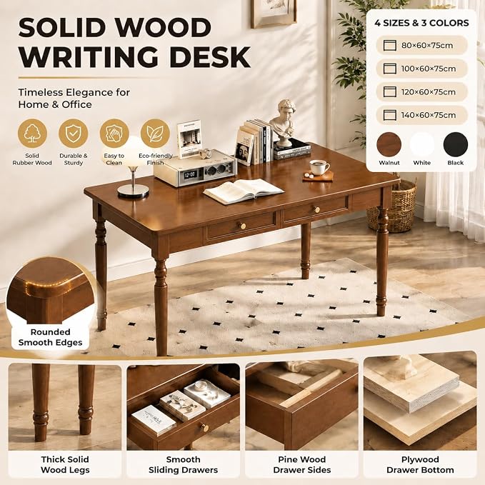 Walnut Writing Desks with Drawers, 47" Solid Wood French Country Style Computer Desk for Home Office, Living Room Study Workspace or Bedroom, Traditional Vanity Dressing Table
