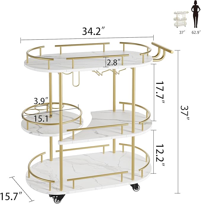 GarveeHome 3-Tier Bar Cart on Wheels, Mobile Serving Cart with Wine Rack and Glass Holder, Metal Kitchen Utility Cart for Coffee Station, Mini Home Bar, Dining Room - Gold+White
