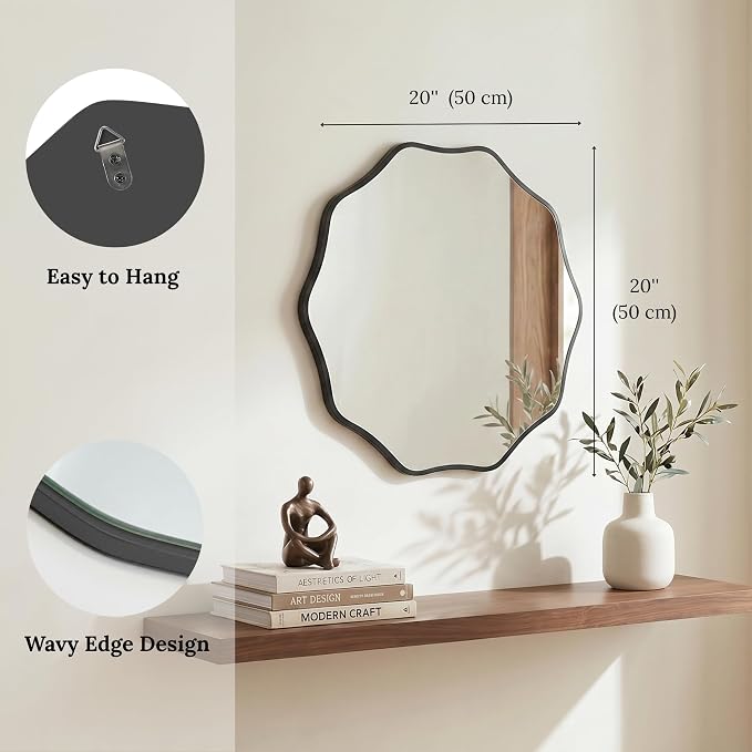 PERFNIQUE Black Scalloped Mirror, 20'' Round Wall Mirrors Wavy Wood Framed for Bathroom Nursery Bedroom Living Room Entryway, Decorative Modern Wall Decor