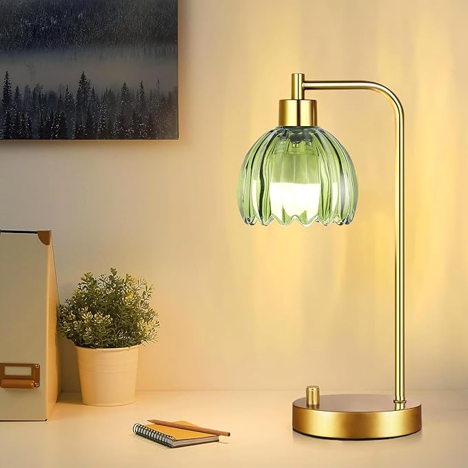 Green Table Lamp Set of 2,Small Glass Bedside Lamps Dimmable Boho Bedroom Lamp with Tulip Flower Lamp Shade,Gold Vintage Mid Century Modern Mini Nightstand Lamp for Bedroom Living Room