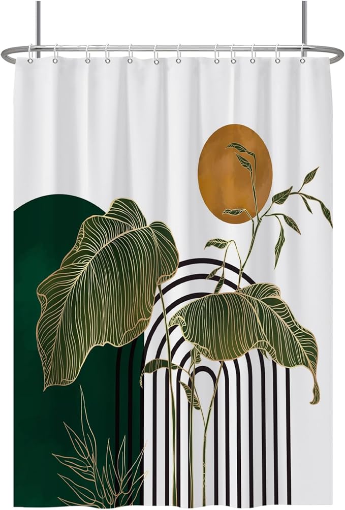 Baocicco Boho Shower Curtain Green Gold Leaves Plants Sun Modern Abstract Geometric Shower Curtains Decorative for Bathroom Waterproof Fabric Shower Curtain with Hooks 72x96 Inches
