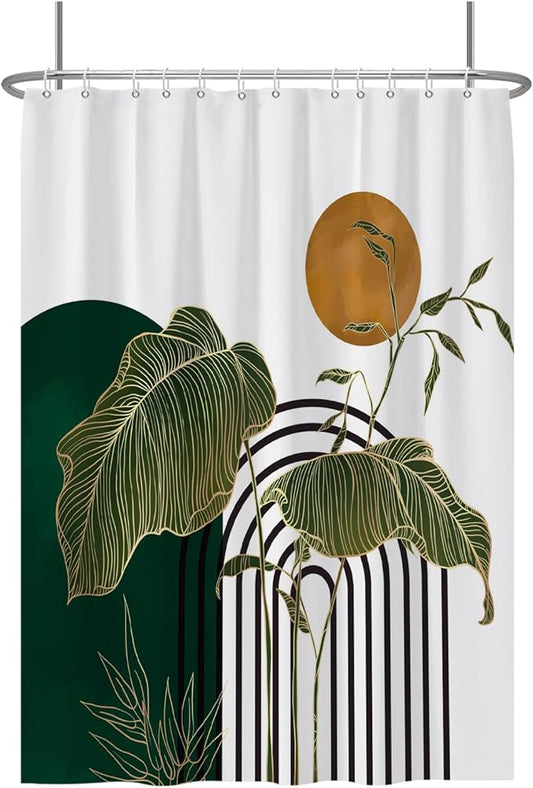 Baocicco Boho Shower Curtain Green Gold Leaves Plants Sun Modern Abstract Geometric Shower Curtains Decorative for Bathroom Waterproof Fabric Shower Curtain with Hooks 72x96 Inches