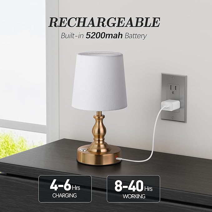 PARTPHONER Mini Cordless LED Table Lamp, 5200mAh Rechargeable Battery Operated Lamp, 3-Level Brightness, Touch Dimmable Desk Lamp, Bedside Night Light for Patio Camping Restaurant Home, Antique Brass