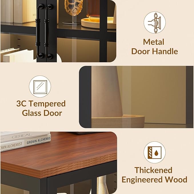 53" 3-Sided Glass Sideboard Buffet Cabinet with COB Lights, Adjustable Shelves, Modern Metal-Wood Buffet Table with Storage, Glass Display Cabinet for Coffee Bar Dining Room Kitchen, Black