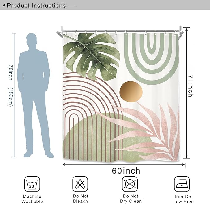 Miyotaa Pink Green Abstract Minimalist Shower Curtain Set 60Wx71H Inches Aesthetic Modern Mid Century Contemporary Plant Leaves Monstera Geometric Waterproof Bathroom Curtain with 12 Hooks