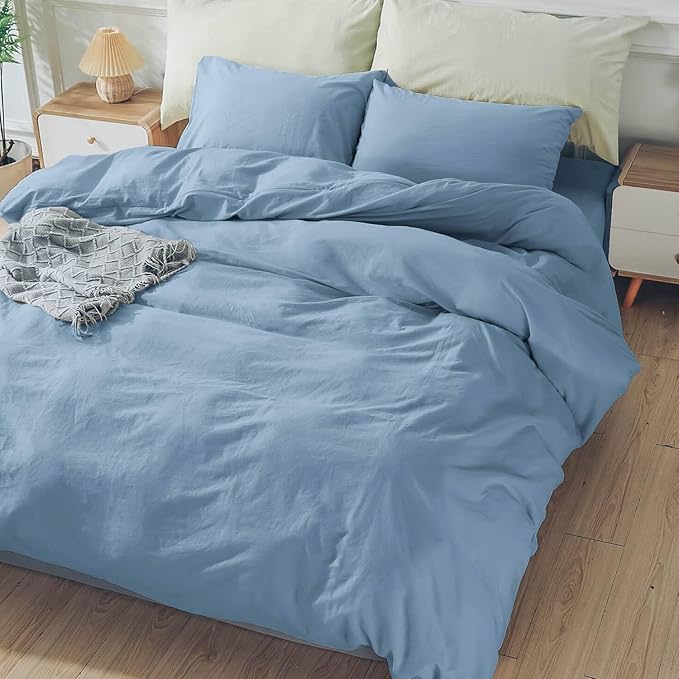 NEXHOME PRO Duvet Cover Set 100% Washed Cotton California Kingn 104"x98", Organic Natural Linen Look Textured 3 Pieces Bedding Set Blue with Zipper Closure & Corner Ties, Breathable (No Comforter)