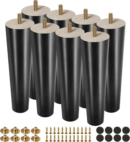 FoDau770 Black Rubber Wood Furniture Legs 8 Inches, Straight Tapered Wood Feet Mid Century Sofa Legs Set of 8, 5/16" UNC Furniture Feet for Cabinet Couch Dresser Chair Ottoman Table