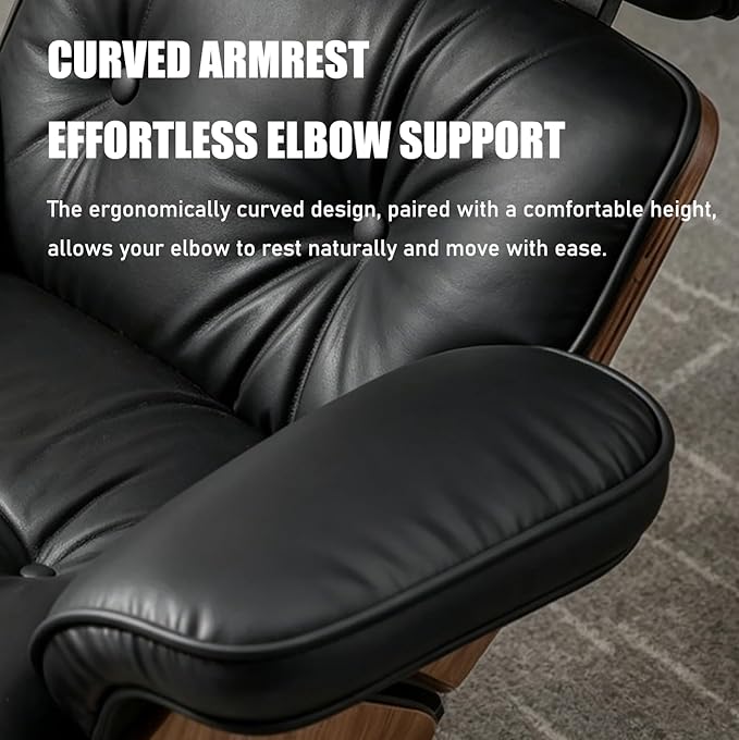 Mid Century Chaise Lounge Chair with Ottoman, Modern Retro Classic Design, PU Leather & Walnut Wood, Heavy Duty Metal Support, Comfortable for Living Room Bedroom Office（Black-Premium）