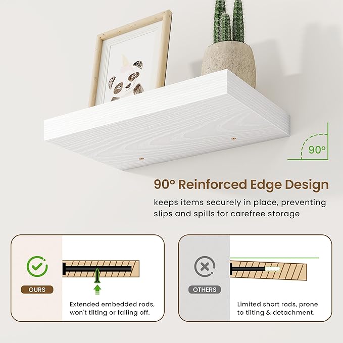 16in Floating Shelves for Wall, 16"W x 9.25"D x 1.25"H, 2 Pack Long Wall Mounted Engineered Wood Shelves with Invisible Brackets for Living Room, Bedroom, Bathroom, Kitchen Decor and Storage, White