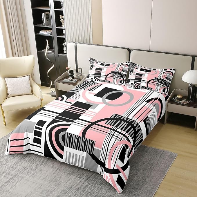 Erosebridal Art Deco Mid Century Duvet Cover Set Retro Modern Abstract Geometric 100% Cotton Comforter Cover Black and White Pink Circles Stripes Twin Bedding Sets for Girls, Contemporary Bed Set