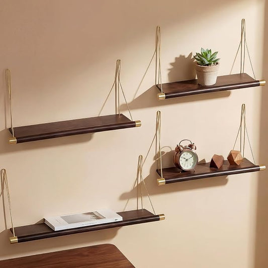 Pinkunn 4pcs Mid Century Modern Decor Walnut Floating Shelves for Wall Mounted Storage Shelves Solid Wood Rustic Decorative Shelving Living Room Bedroom Coffee Bar Bathroom Display Plant Photo