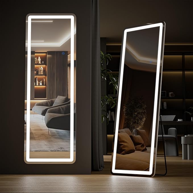 OLIXIS 21"x 64" LED Full Length Mirror with Lights, Standing Lighted Floor Full Body Mirror with 3 Color Lighting, Wall Mounted Mirrors for Bedroom, Bathroom, Entryway with Tempered Glass
