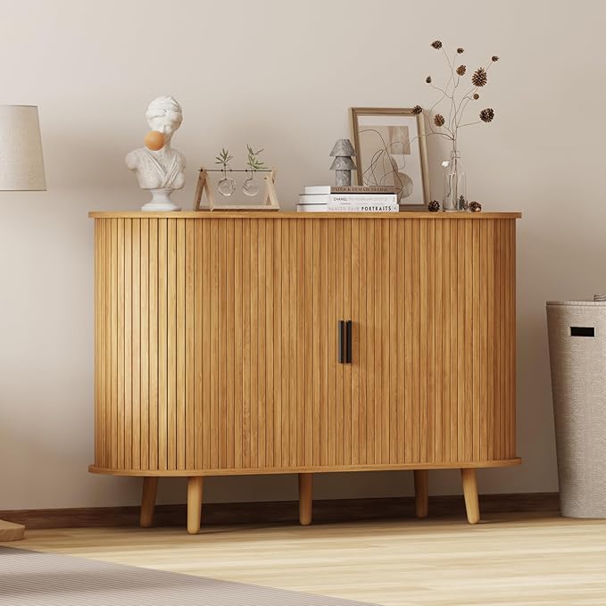 Fluted Sideboard Buffet Cabinet with Sliding Doors, Curved Edge Design for Dining Room Kitchen Living Room, Console Table Credenza with Storage (Natural)