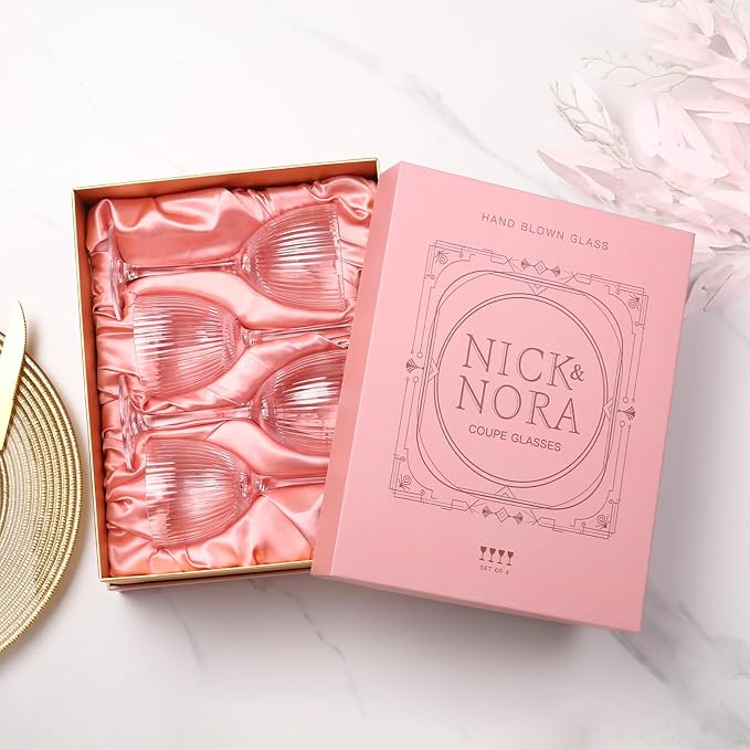 Nick and Nora Cocktail Glasses - Pink Martini Glasses, Ribbed Coupe Glasses Set of 4, 5 Oz,Valentines Day Gifts For Her,Vintage Art Deco Glassware With Pink Gift Box