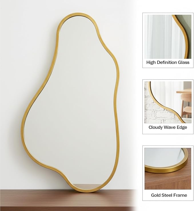 ZIYOO 32x18 Inch Irregular Wall Mirror, Vertical Wavy Design, Gold Asymmetrical Metal Frame Decorative Mirror for Living Room, Bedroom, Entryway, Hallway (Gold Metal,32" x 18")