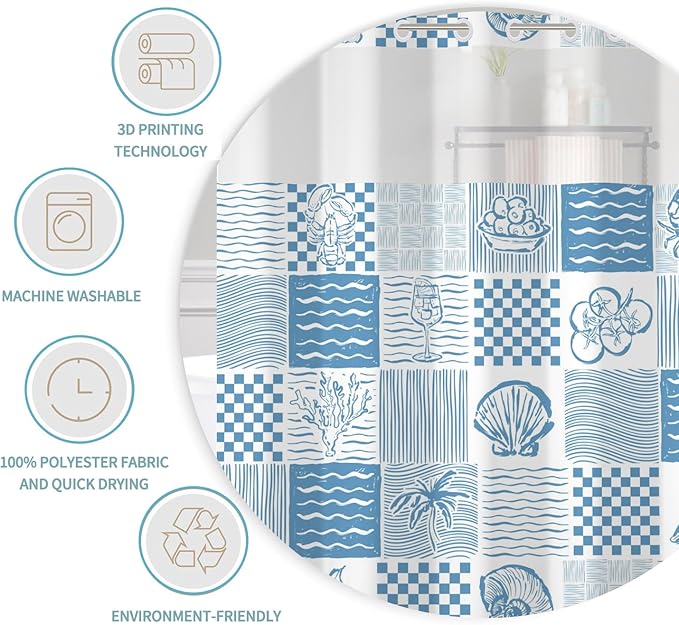 No Hook Shower Curtain Summer Blue Double-Layered Shower Curtains with Snap in Fabric Liner Tropical Fruits and Marine Life Curtains for Bathroom Waterproof Polyester Cloth 71x74 Inch