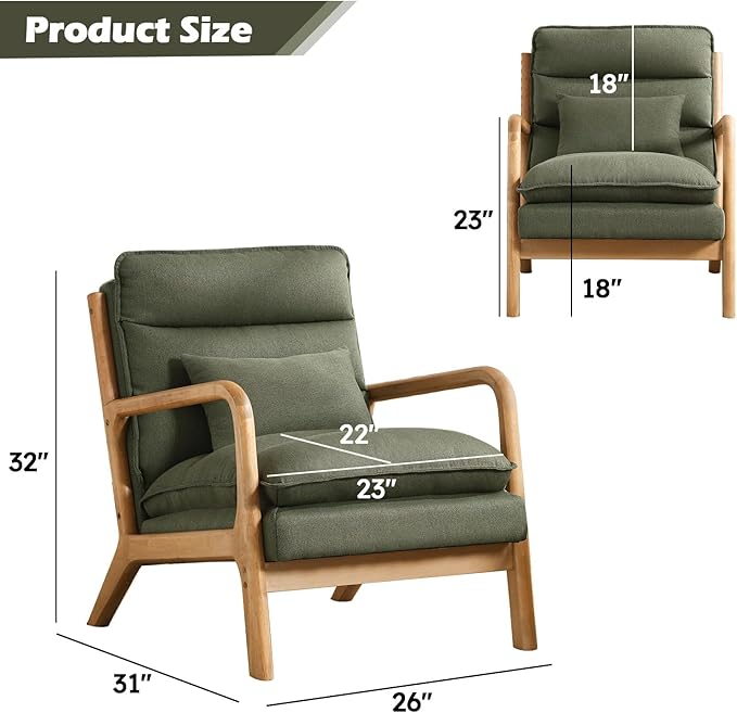 Mid Century Modern Accent Chair, Upholstered Lounge Armchair with Plump Back Pillow, Comfy Reading Chair with Solid Wood Frame for Bedroom Living Room, Green