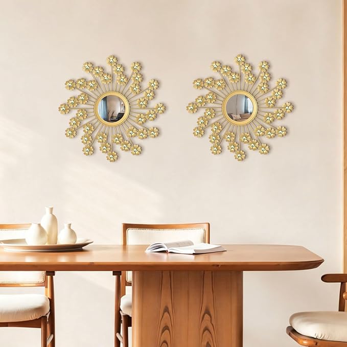 2 Pack Metal Mirrors for Wall Boho Sunburst Wall Mirror Home Decor Modern Decorative Wall Art for Bedroom Living Room Entryway