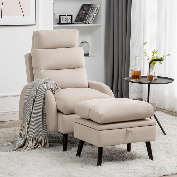 HCHAIRH Accent Chair with Ottoman, Comfy Reading Chair and Ottoman Set, Modern Oversized Lounge Armchair with Adjustable Backrest for Living Room Bedroom, Velvet Khaki