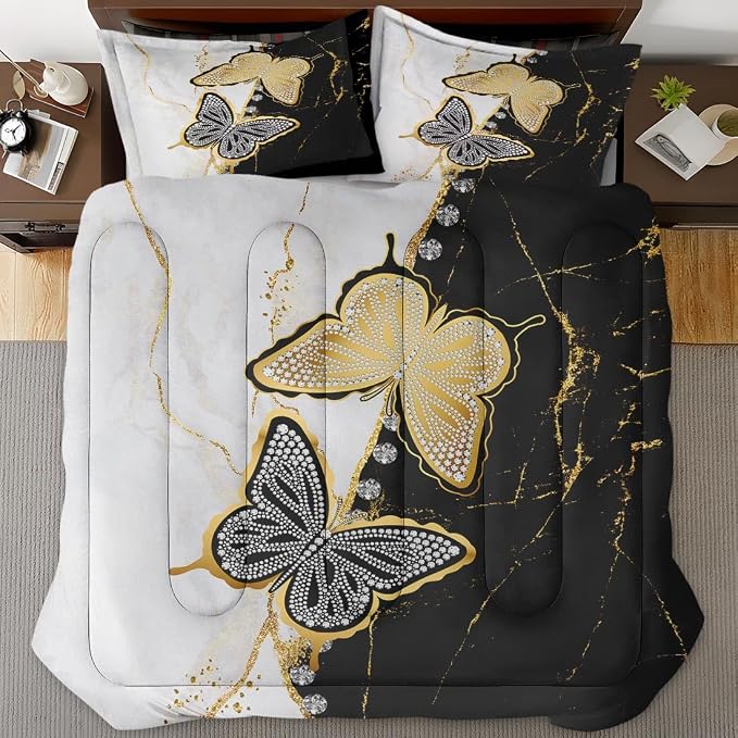 Marble Black Gold King Comforter Set, Butterfly Crystal Diamond Silver Bedding Set 3 Piece, All Season Soft Toddlers Children Adults Bedroom Bed Decoration Comforter and 2 Pillow Shams
