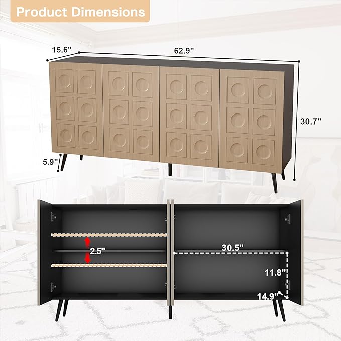 Sideboard Buffet Cabinet with Storage: 63" Black and Oak Credenza Storage Cabinet for Living Room, Mid Century Modern Console Table with 4 Doors, Fluted Long Accent Cabinets (Oak)