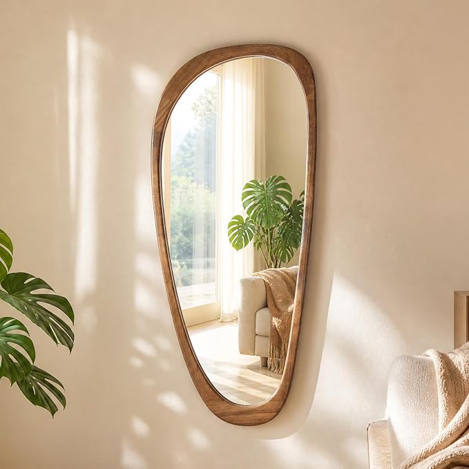 48" x 22" Asymmetrical Wall Mirror with Brown Wood Frame, Irregular Decorative Mirror for Living Room Entryway Bedroom, Large Wall Mirror, HD Tempered Glass, Horizontal or Vertical Hanging